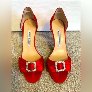 Manolo Blahnik red satin shoes